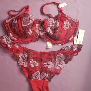 Victoria's Secret Red and Purple Floral Lace Bra Set